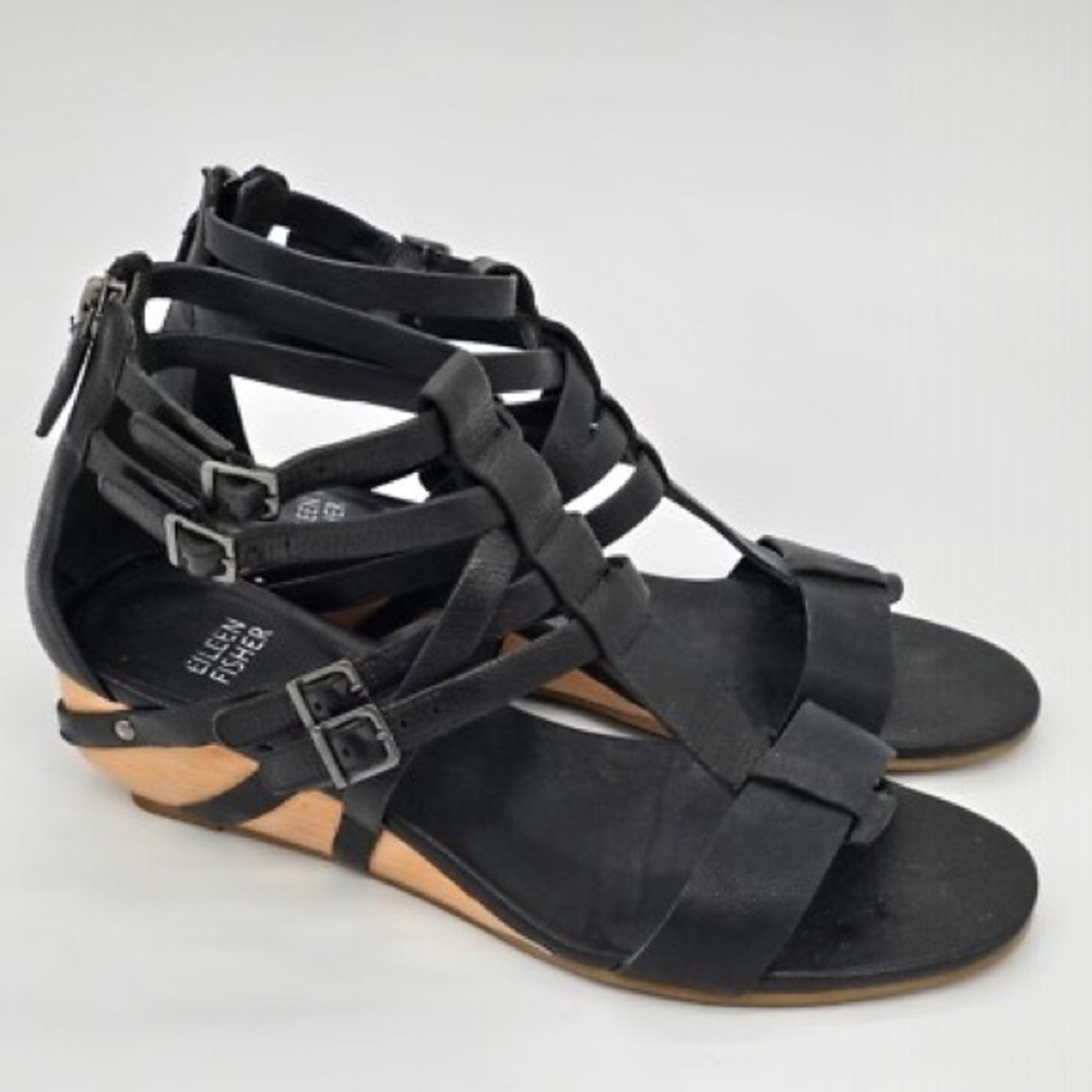 Eileen Fisher Sandal Womens Black Leather Ankle Strap Gladiator‎ Echo Wedge